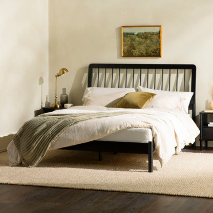 Mid-Century Modern Solid Wood Queen Spindle Bed - Black