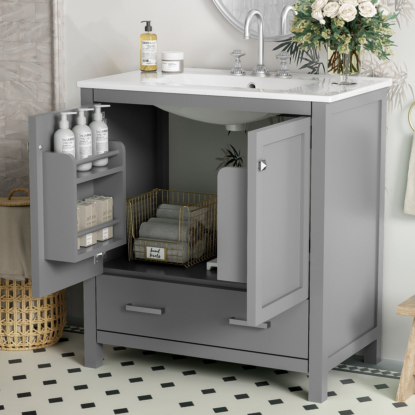 Bathroom Vanity With Single Sink, Combo Cabinet Undermount Sink, Bathroom Storage Cabinet With Two Doors And A Drawer, Soft Closing, Multifunctional Storage, Solid Wood Frame - Gray
