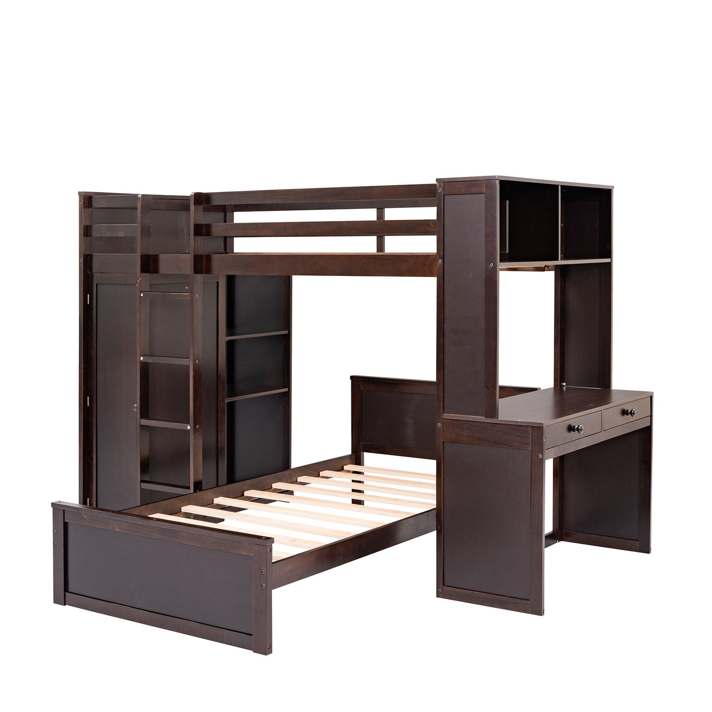 Twin Size Loft Bed With A Stand Alone Bed, Shelves, Desk, And Wardrobe - Espresso