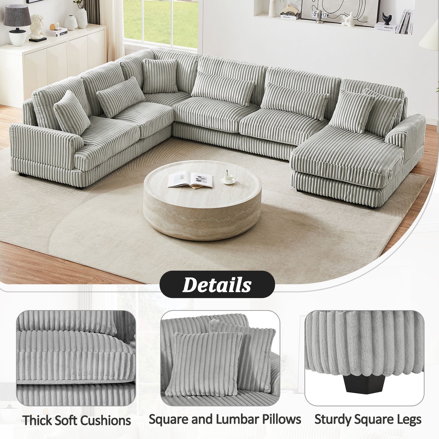 Oversized Sectional Sofa U - Shaped Sofa Couch Modern Sofa Upholstered In Soft Corduroy With A Chaise Lounge For Living Room - Gray