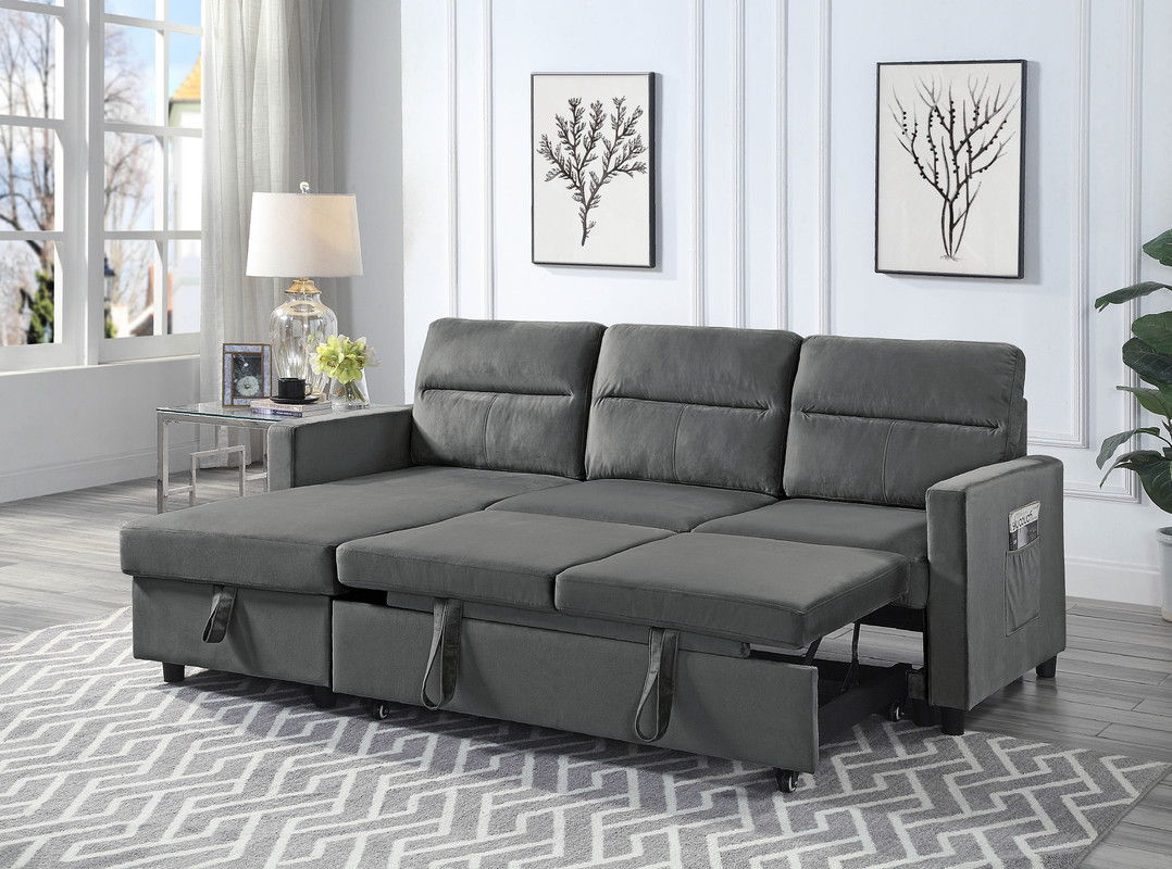 Ivy - Velvet Reversible Sleeper Sectional Sofa With Storage Chaise And Side Pocket - Dark Gray