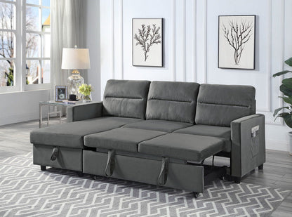 Ivy - Velvet Reversible Sleeper Sectional Sofa With Storage Chaise And Side Pocket - Dark Gray