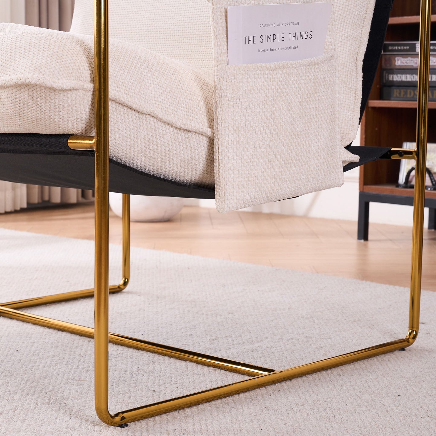 Upholstered Hanging Armchair With Arm Pocketsmetal Frame, Gold-Plated Craftsmanship, Crushed Foam Cushions And Skin-Friendly Woven Fabric For Living Room (Set of 2) - Beige