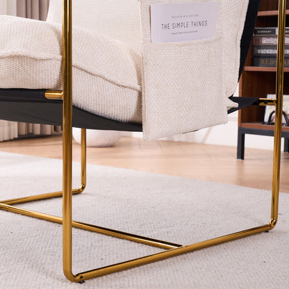 Upholstered Hanging Armchair With Arm Pocketsmetal Frame, Gold-Plated Craftsmanship, Crushed Foam Cushions And Skin-Friendly Woven Fabric For Living Room (Set of 2) - Beige