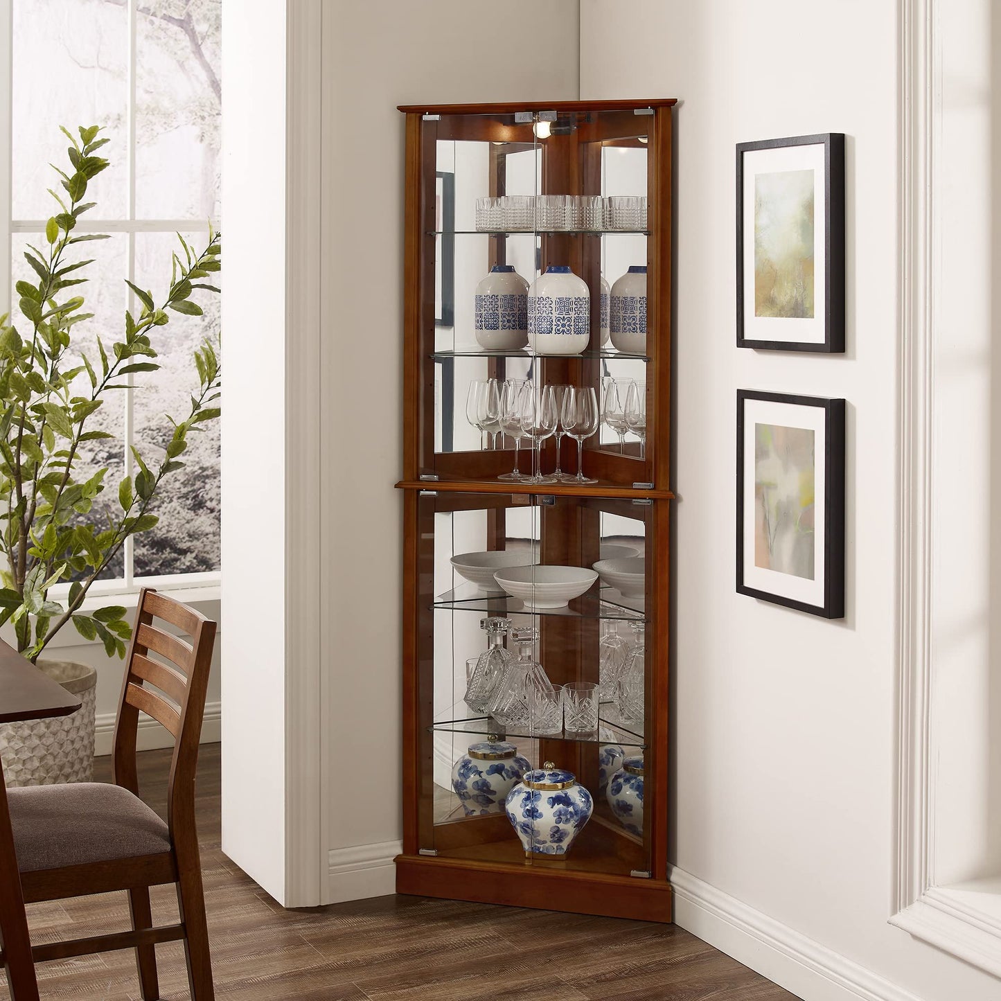 Corner Curio Dispaly Cabinet With Lights, Adjustable Tempered Glass Shelves, Mirrored Back (E26 Light Bulb Not Included) - Walnut