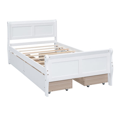 Twin Size Platform Bed With 4 Drawers And Streamlined Headboard & Footboard - White
