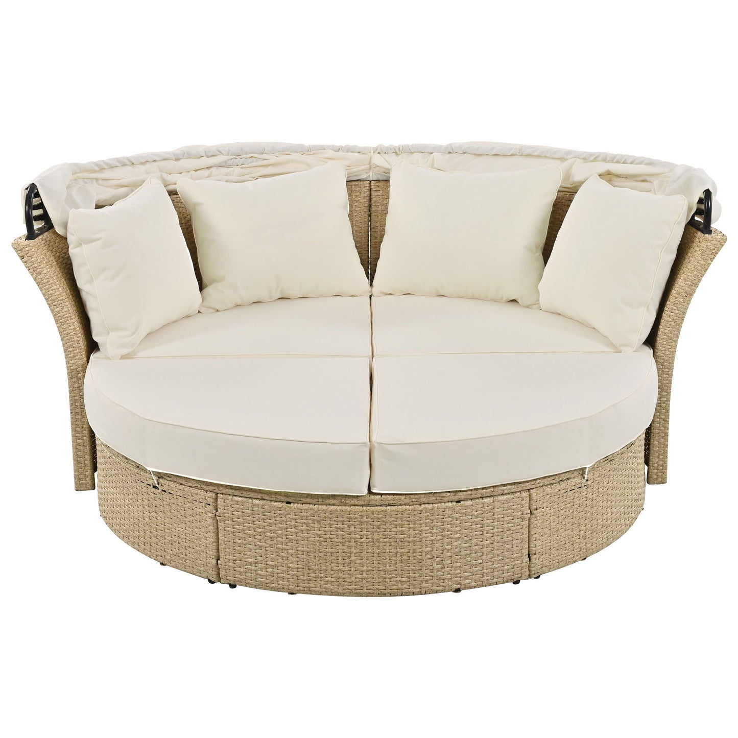 Outdoor Patio Daybed Wicker Rattan Double Daybed Round Sofa Furniture Set With Retractable Canopy, 4 Pillows For Lawn Garden Backyard Porch Pool - Beige