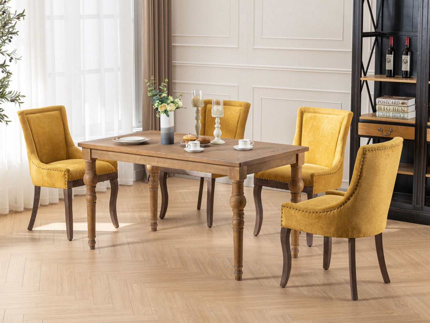 Ultra Side Dining Chair, Thickened Fabric Chairs With Neutrally Toned Solid Wood Legs, Bronze Nail Head (Set of 2) - Golden Yellow