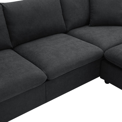 Modern Sectional Sofa, L-Shaped Couch Set With 2 Free Pillows, 4 Seat Polyester Fabric Couch Set With Convertible Ottoman - Black