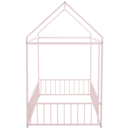 Twin Size Bed House Bed Frame With Fence - Pink
