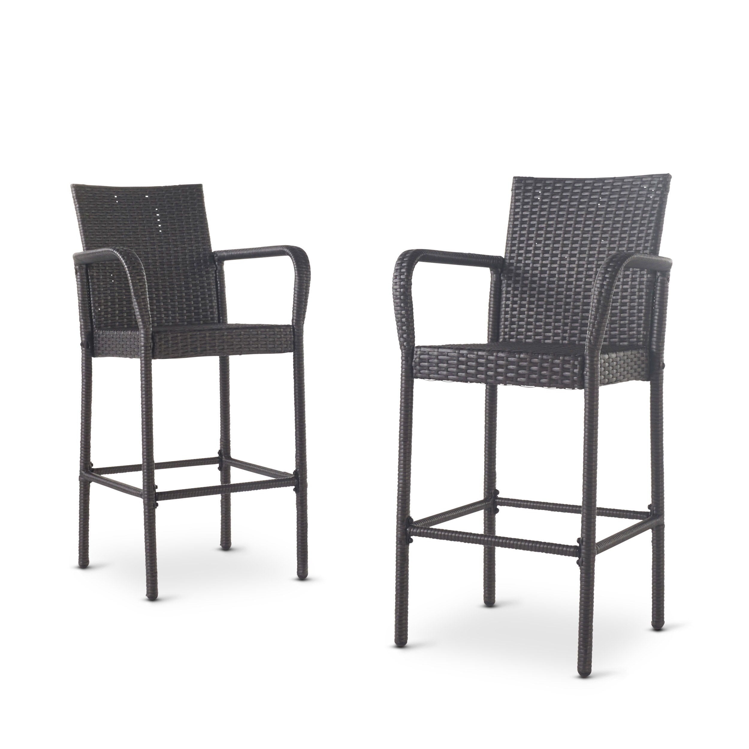 Outdoor Wicker Barstools Faux Rattan Iron Frame (Set of 2) - Gray