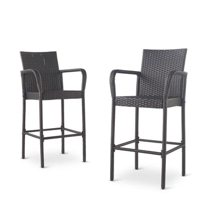Outdoor Wicker Barstools Faux Rattan Iron Frame (Set of 2) - Gray