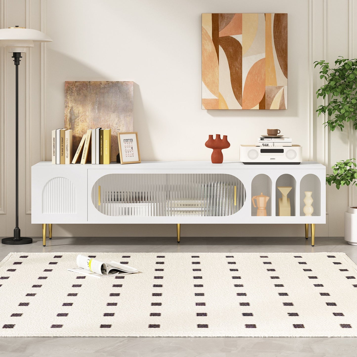 Modern TV Stand For Up To 70" TV, Entertainment Center TV Media Console Table, With 3 Shelves And 2 Cabinets, TV Console Cabinet Furniture For Living Room - White