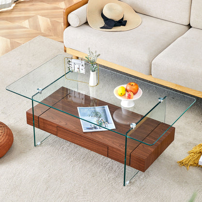 Modern 2 Tier Coffee Table With Drawer Clear Tempered Glass, Multifunctional Storage - Transparent / Wood