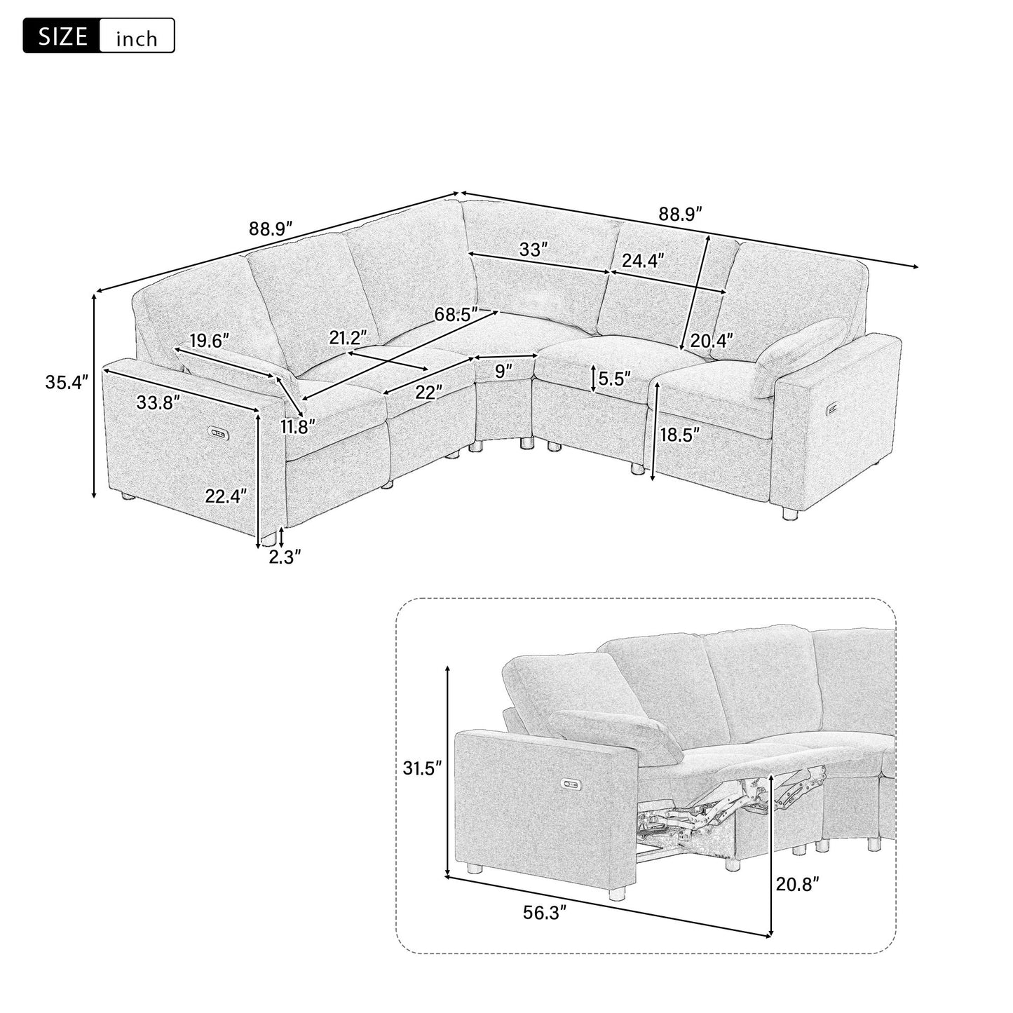 Power Recliner Sectional Sofa Home Theater Reclining Sofa With Two USB Ports, Two Storage Drawers For Living Room - Beige