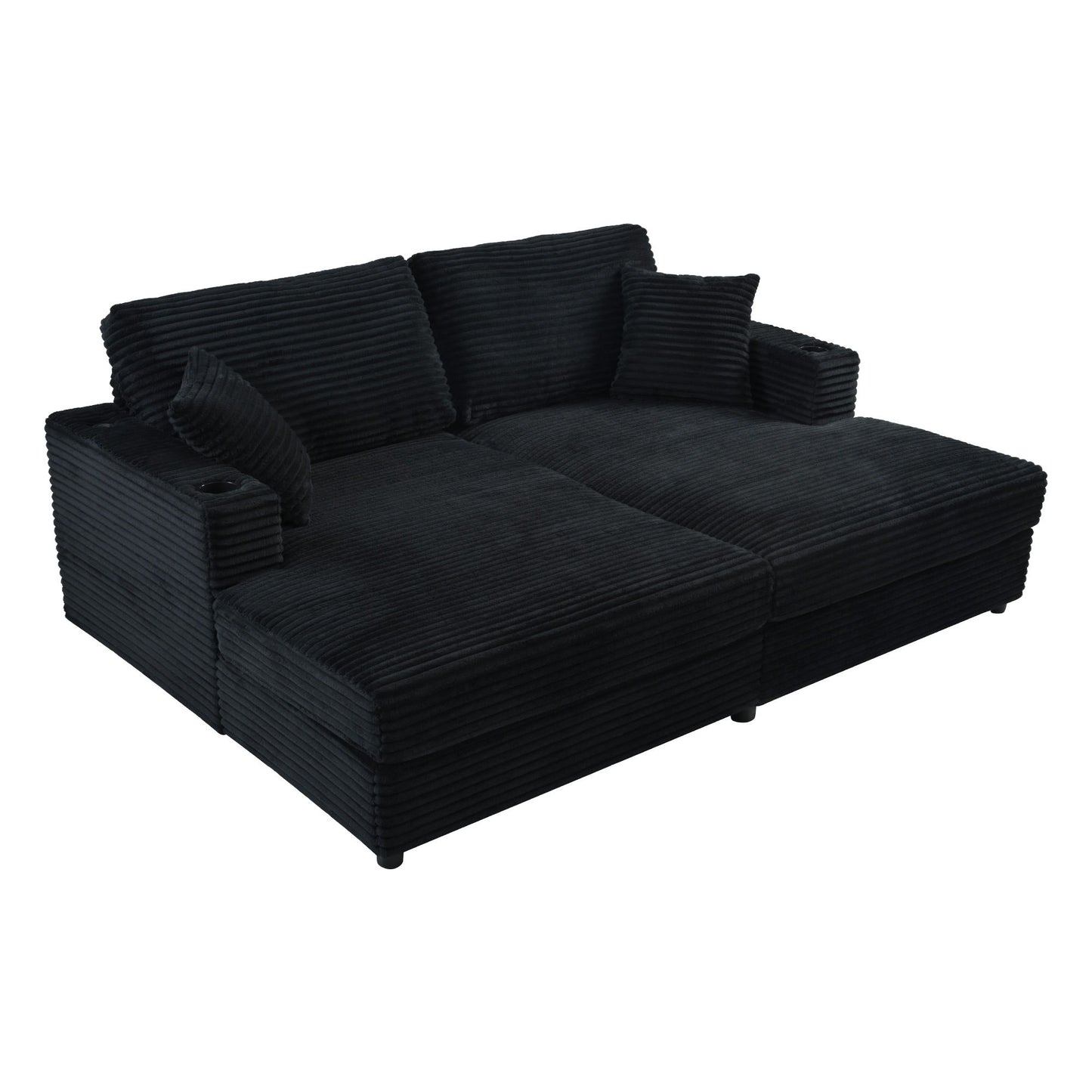 Oversized Loveseat Chaise Lounge Sectional Sofa Bed Corduroy Sleeper Sofa With 2 USB Ports, 2 Cup Holders And 2 Throw Pillows For Living Room And Bedroom - Black