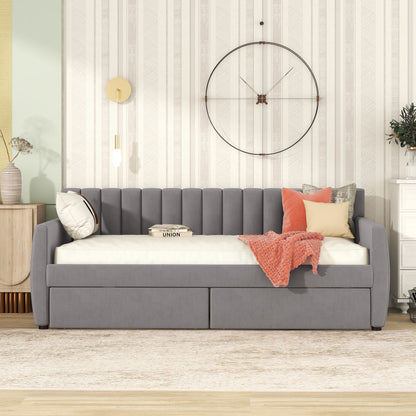 Twin Size Upholstered Daybed & Drawers, Slat Support - Gray