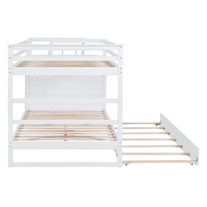 Full Over Full Bunk Bed With Twin Size Trundle And Staircase - White
