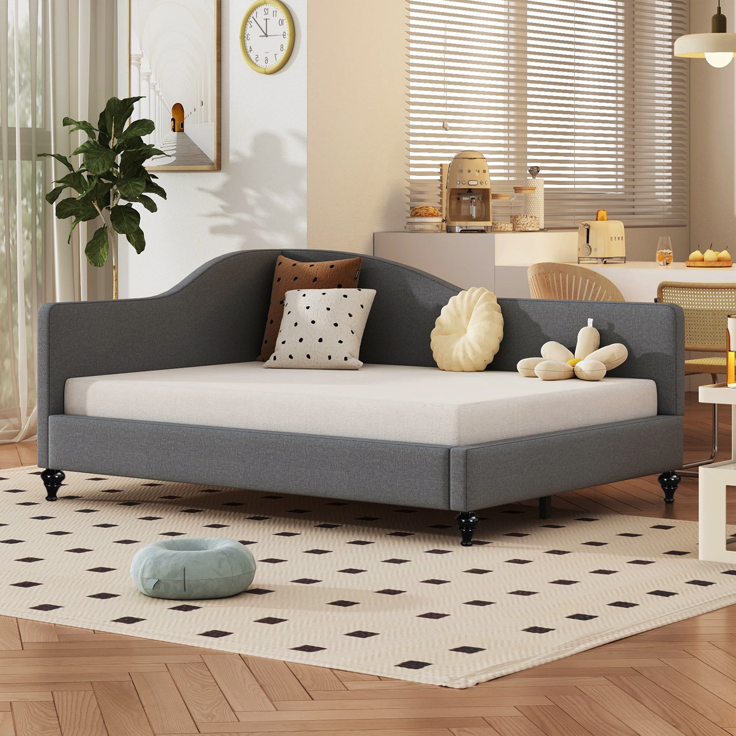 Full Size Modern L Shaped Linen Daybed With Legs - Gray