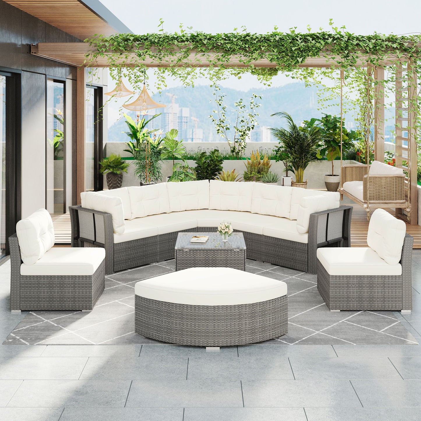 Patio Furniture Set Outdoor Daybed Rattan Sectional With Cushions And Center Table - Beige