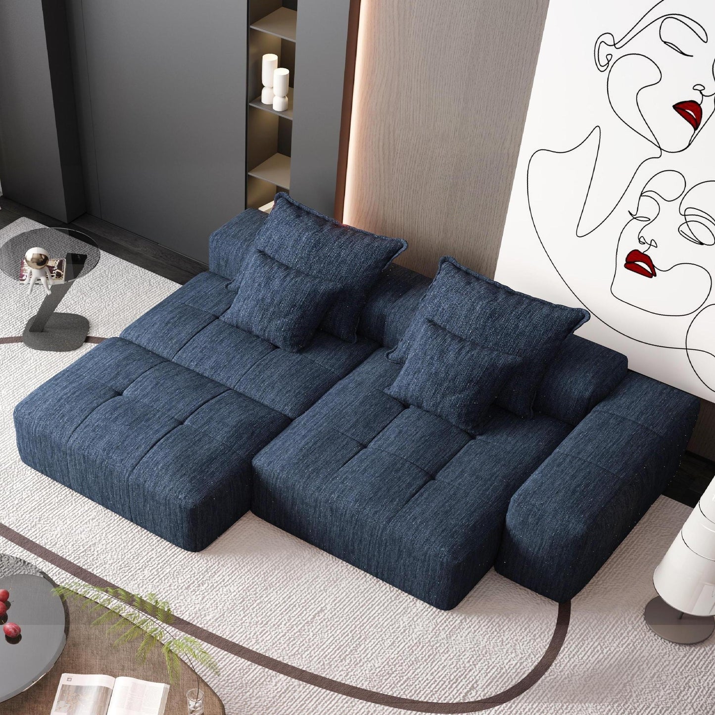 Modern Oversized Modular Sectional Sofa With Ottoman, Seat, Chaise Lounge And Armrest, Sparkling Chenille Fabric Soft Cushion Sofa With 4 Pillows, 4 Pieces Diy Combination Tufted Sofa, No Assembly Required - Blue