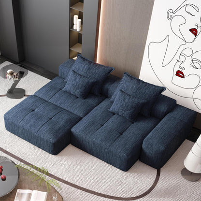 Modern Oversized Modular Sectional Sofa With Ottoman, Seat, Chaise Lounge And Armrest, Sparkling Chenille Fabric Soft Cushion Sofa With 4 Pillows, 4 Pieces Diy Combination Tufted Sofa, No Assembly Required - Blue
