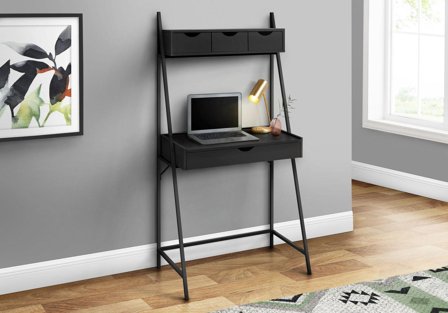 Computer Desk For Home Office, Laptop, Leaning, Storage Drawers, Contemporary & Modern - Black