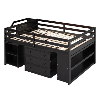 Full Size Loft Bed With Retractable Writing Desk And 3 Drawers With Storage Stairs And Shelves - Espresso