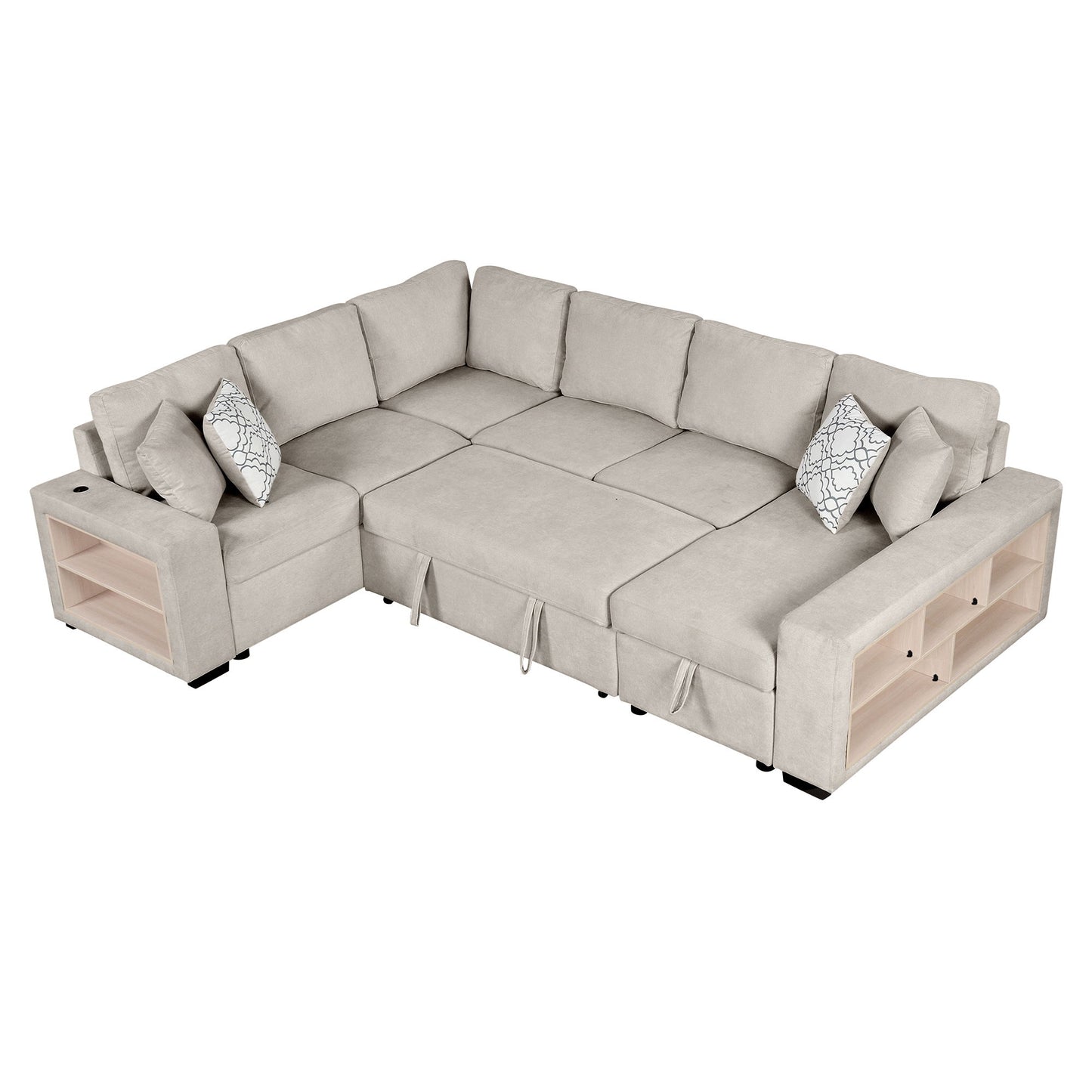 U-Shaped Sectional Sofa Pull-Out Sofa Bed With Two USB Ports, A Storage Chaise Lounge And Four Back Pillows For Living Room - Beige