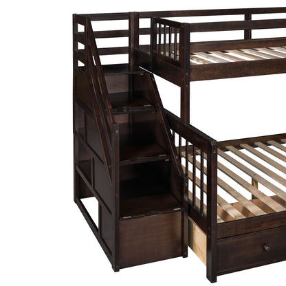 Twin Over Full L Shaped Bunk Bed With 3 Drawers, Ladder And Staircase - Espresso