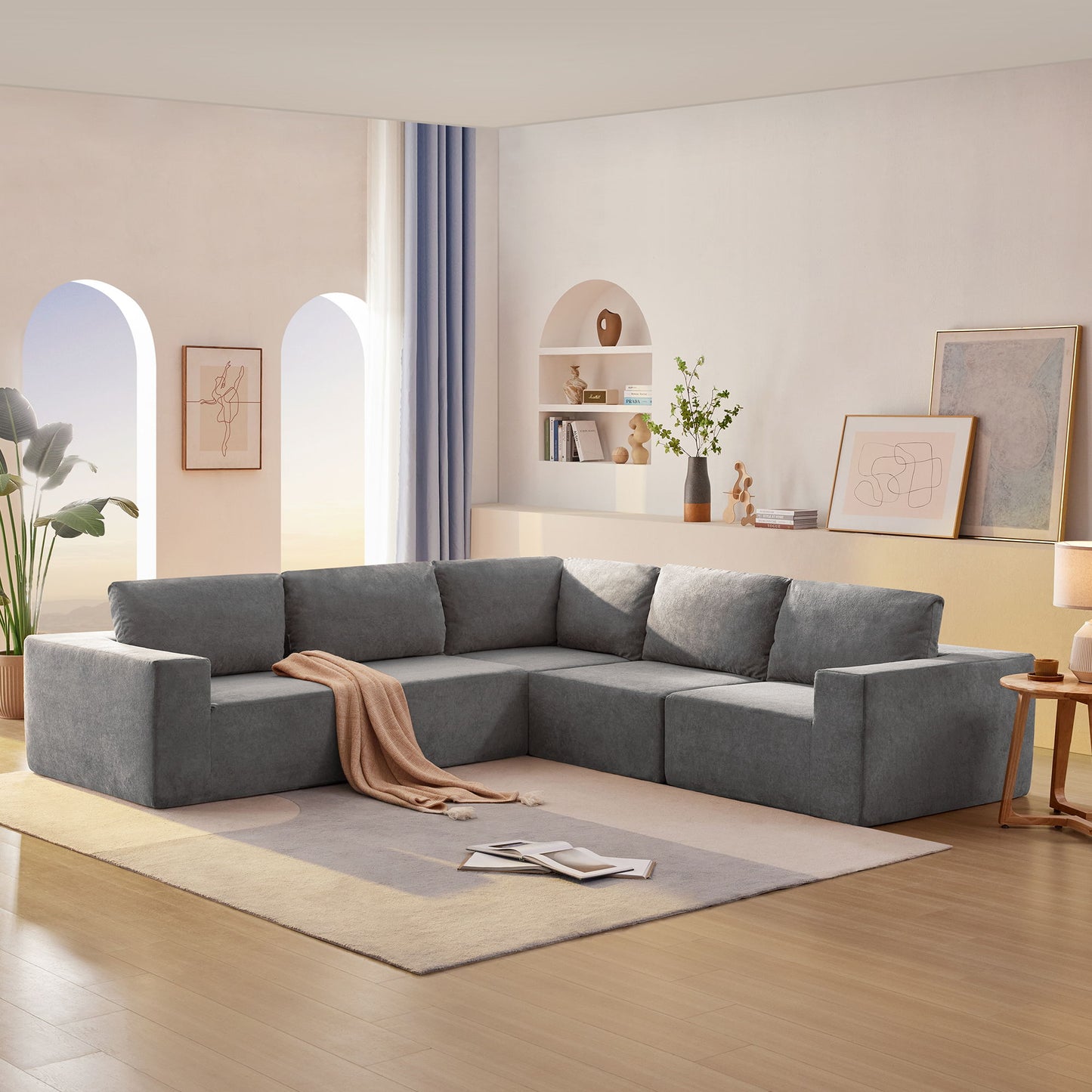 Modular L Shaped Sectional Sofa, Luxury Floor Couch Set, Upholstered Indoor Furniture, Foam - Filled Sleeper Sofa Bed 5 Pieces Free Combination - Gray