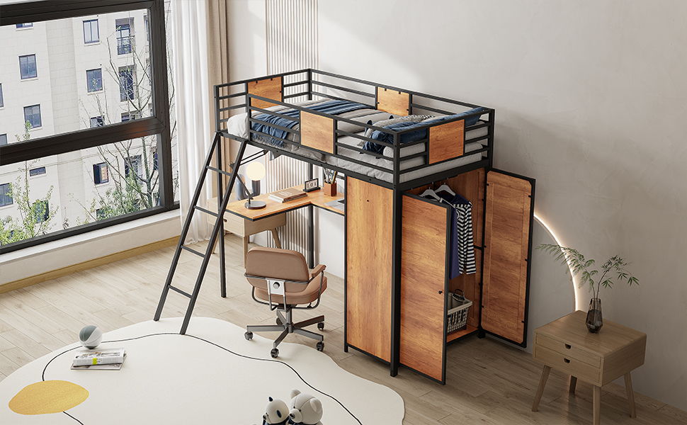 Twin Size Loft Bed With L Shape Desk And Wardrobe - Black