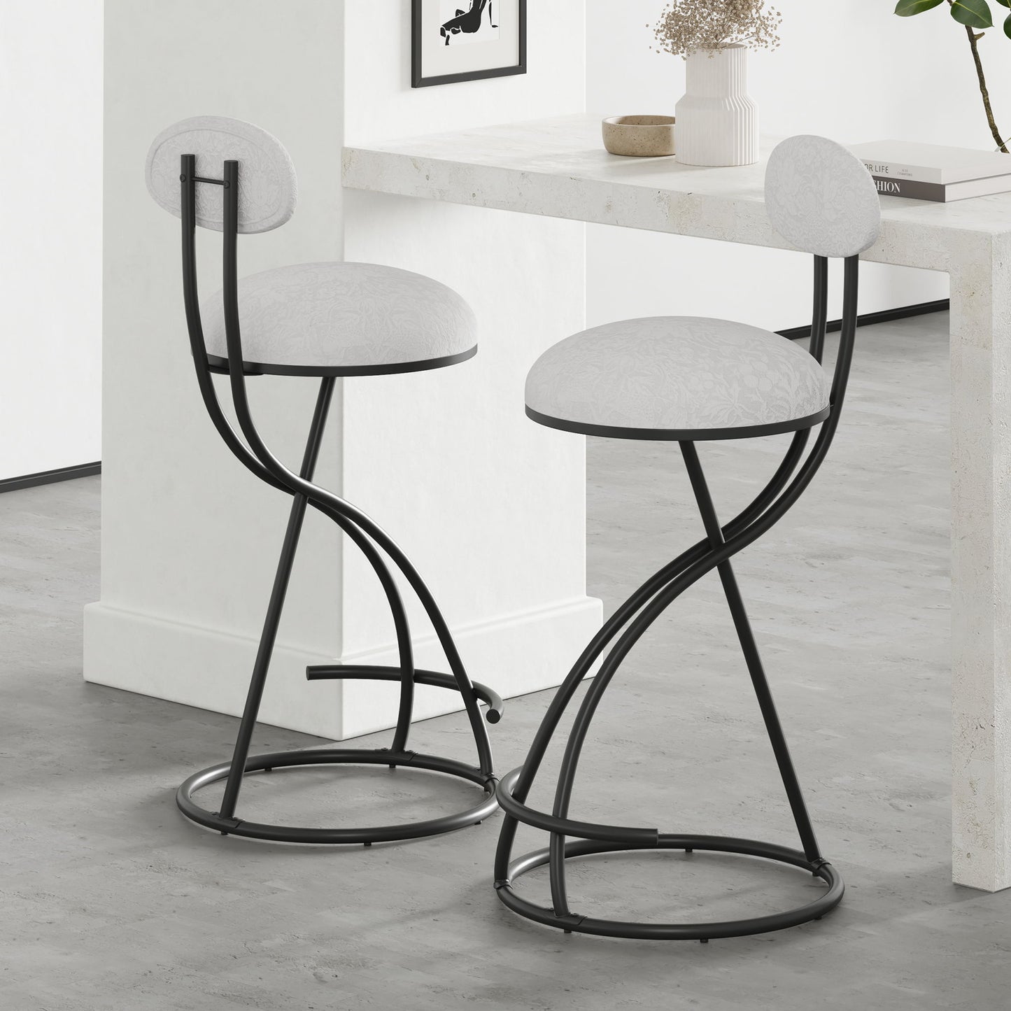 Round Print Bar Stools (Set of 2) Metal Upholstered Chairs For Kitchen Island & Dining Rooms - Black & White Print
