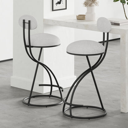 Round Print Bar Stools (Set of 2) Metal Upholstered Chairs For Kitchen Island & Dining Rooms - Black & White Print