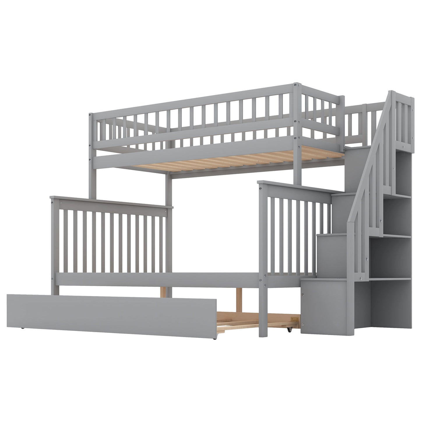 Twin Over Full Bunk Bed With Trundle And Staircase - Gray