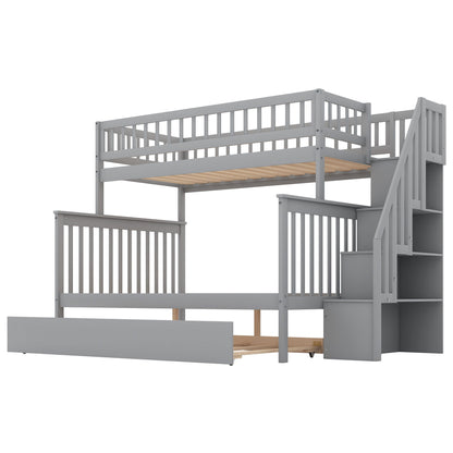 Twin Over Full Bunk Bed With Trundle And Staircase - Gray