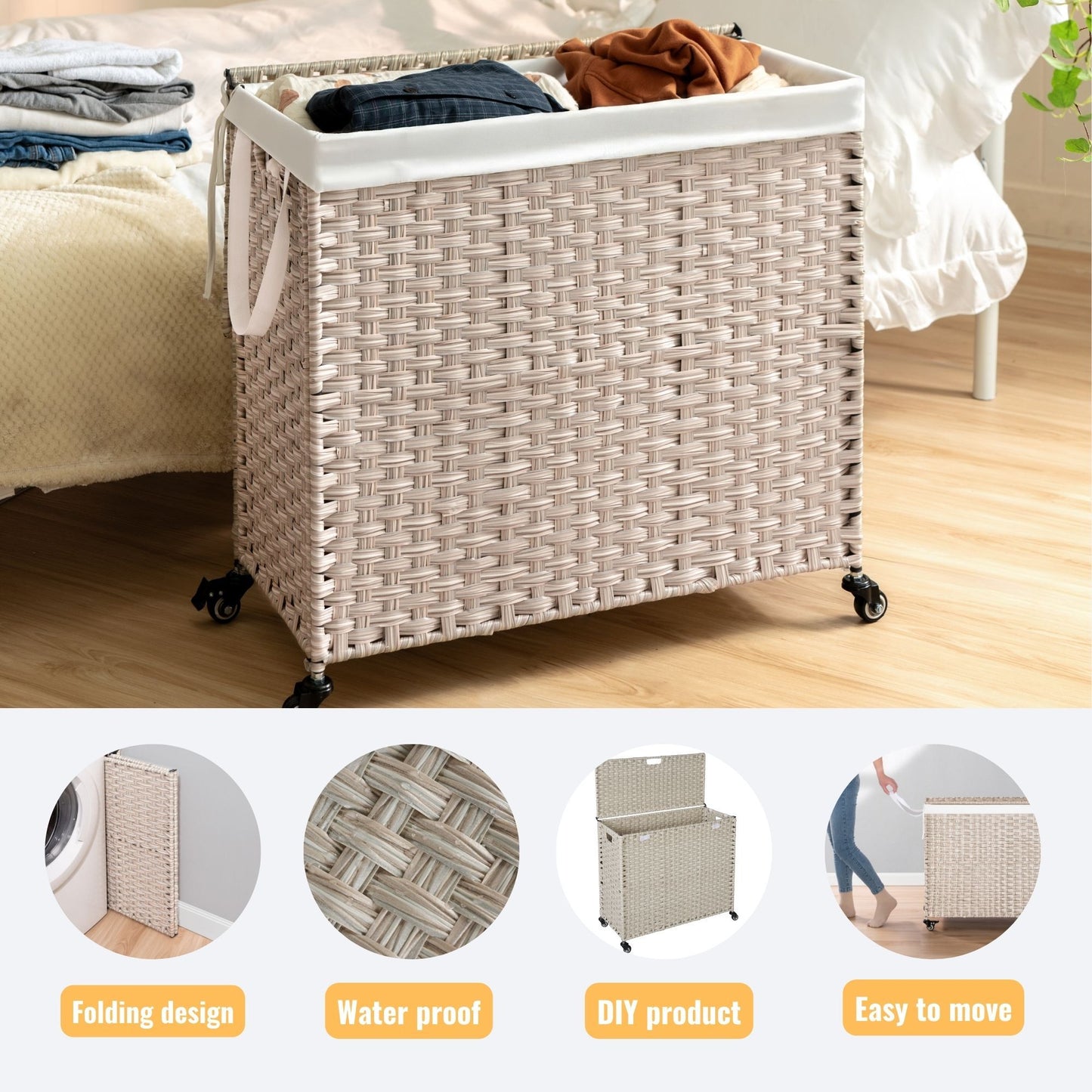 Laundry Hamper With Lid PE Rattan Powder Coating Frame Clothes Hampers With 2 Removable Bags, Wheels, 160L - Gray