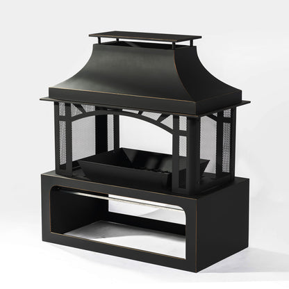 40" Wood Burning Fireplace, 50000 Btu Steel Fire Pit, Wood Burning Chimney For Outside Patio Deck Garden Backyard - Black