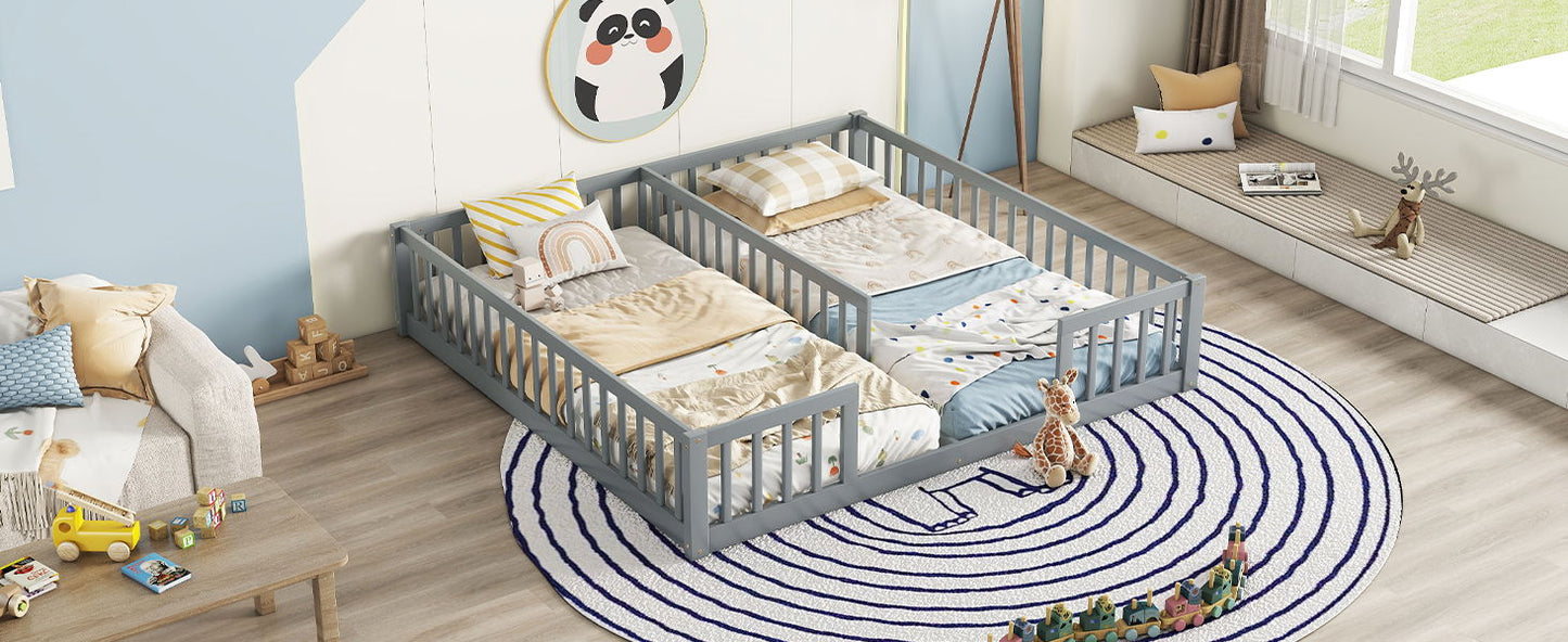 Double Twin Floor Bed With Fence, Guardrails, Without Door - Gray