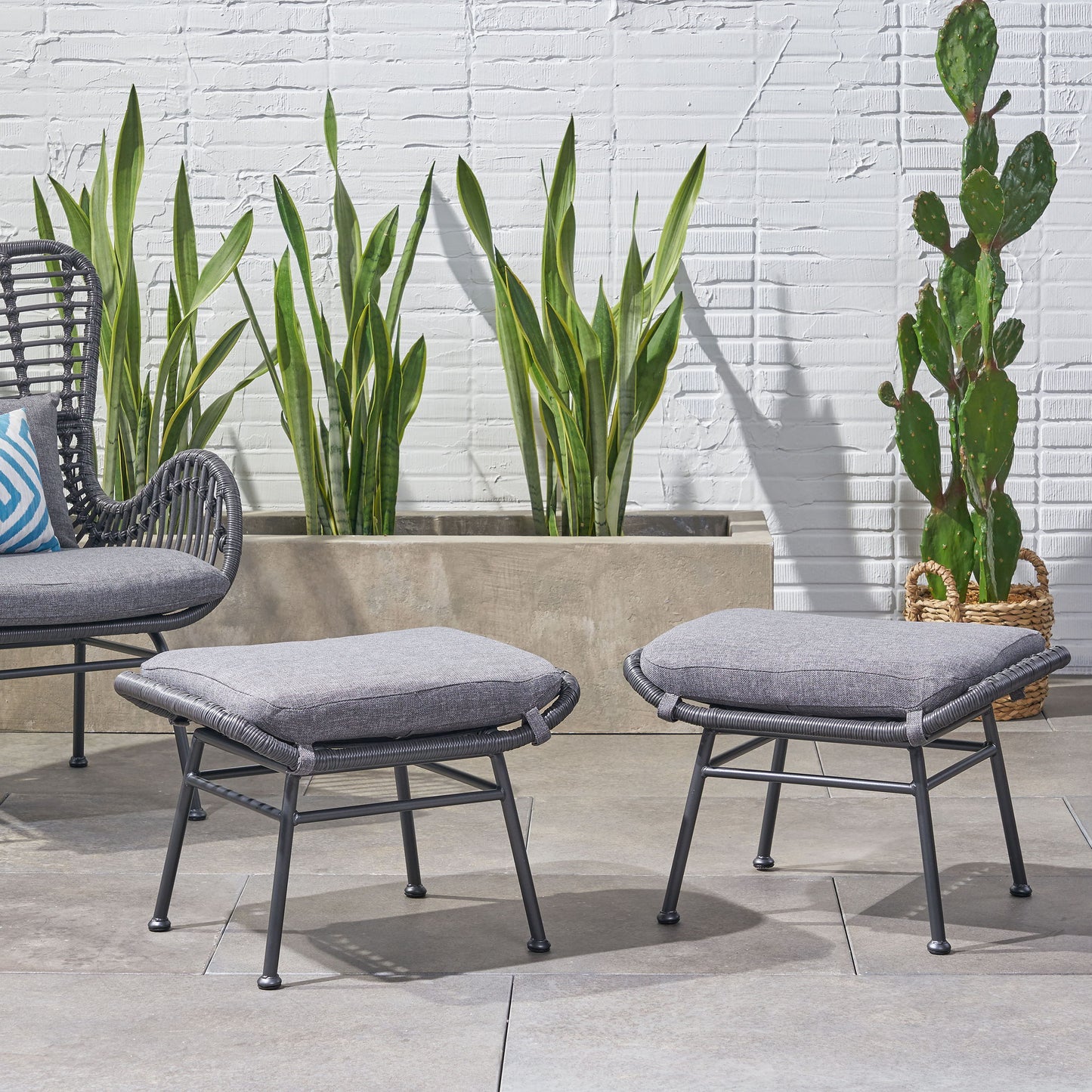 Outdoor Modern Boho Wicker Ottoman With Cushions (Set of 2) - Gray