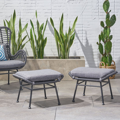 Outdoor Modern Boho Wicker Ottoman With Cushions (Set of 2) - Gray