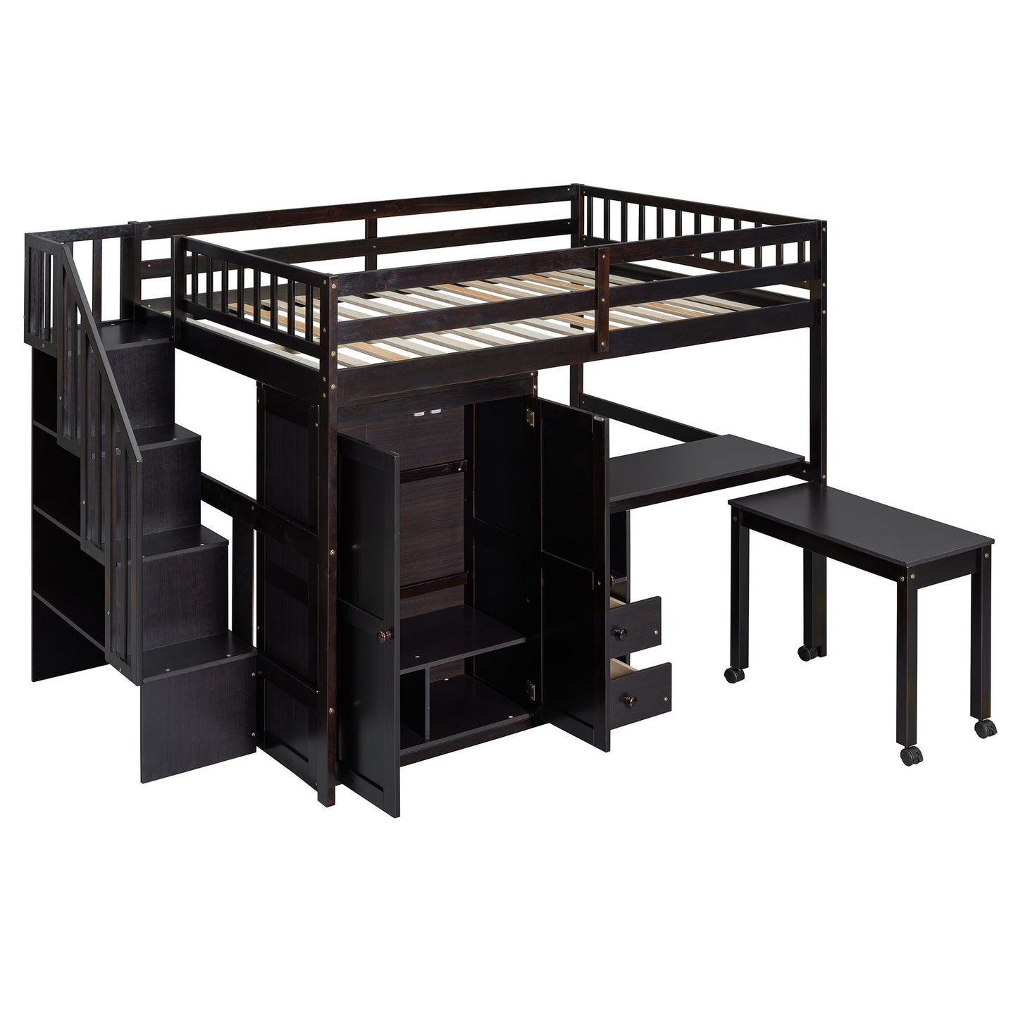 Full Size Loft Bed With Stairs, Bookshelf, Drawers, Desk & Wardrobe, Space Saving Multifunctional Furniture - Espresso