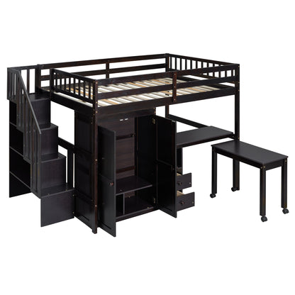 Full Size Loft Bed With Stairs, Bookshelf, Drawers, Desk & Wardrobe, Space Saving Multifunctional Furniture - Espresso