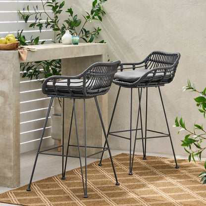 Outdoor Wicker Barstool With Cushions (Set of 2) - Gray