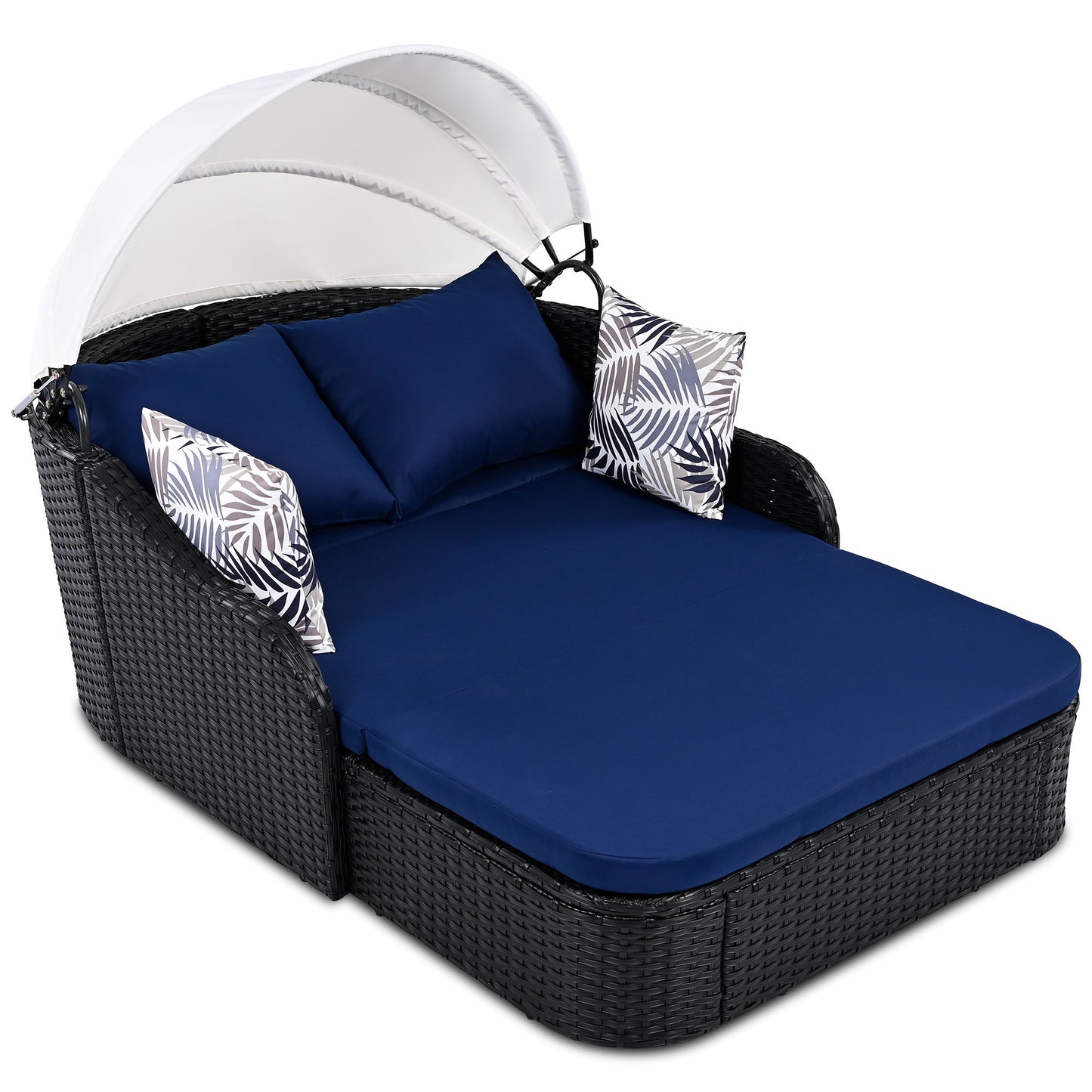 Outdoor Sunbed With Adjustable Canopy, Double Lounge, Daybed - Black / Blue