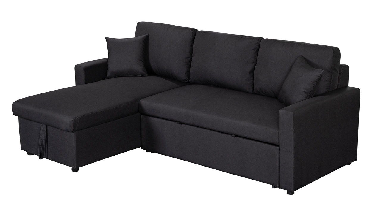 Paisley - Linen Fabric Reversible Sleeper Sectional Sofa With Storage Chaise - Black