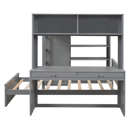 Full Size Loft Bed With A Twin Size Standalone Bed, Shelves, Desk, And Wardrobe - Gray