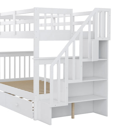 Twin Over Twin Stairway Bunk Bed With Twin Size Trundle For Bedroom - White