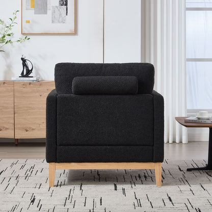 Wide Modern Farmhouse Performance Accent Chair With Natural Wood Legs, Wood Base Reading Armchair Single Sofa With 2 Bolster Pillows For Living Room Offices And Lounge - Black