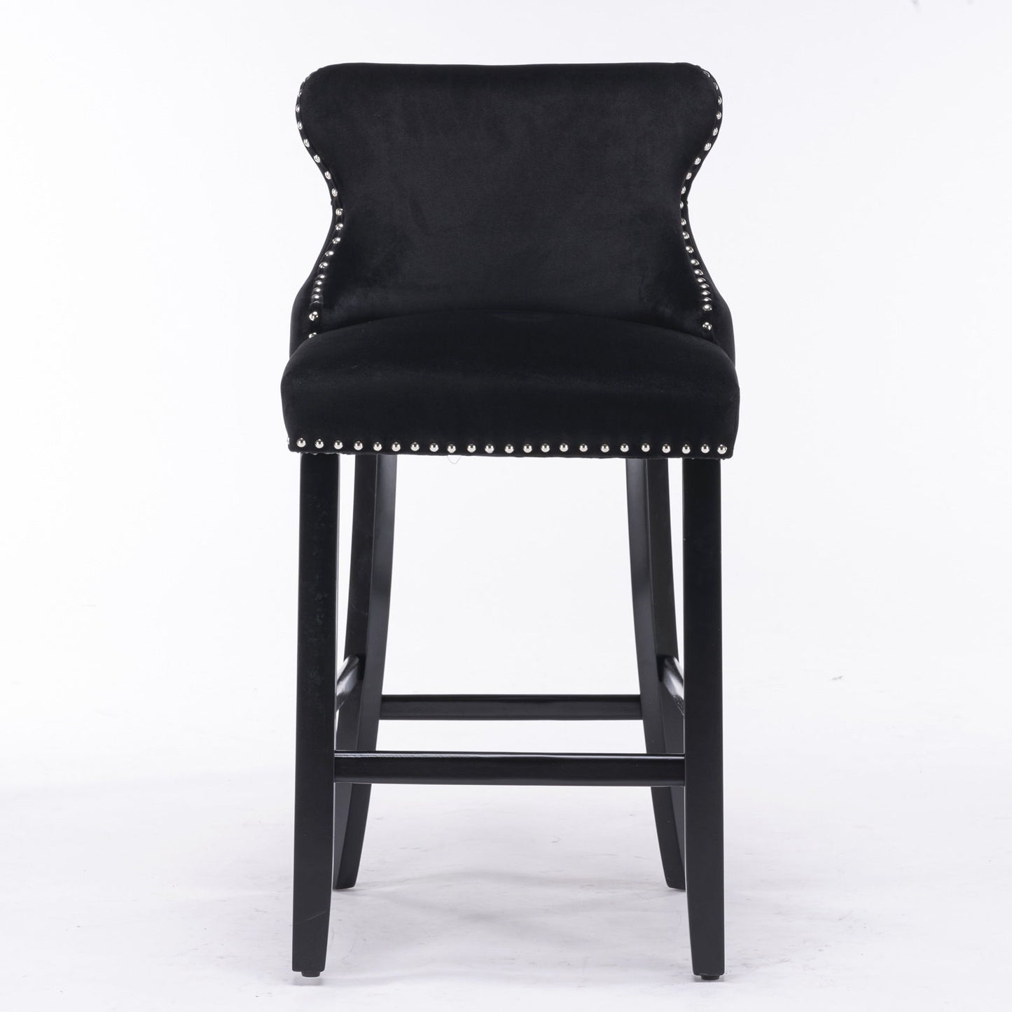 Contemporary Velvet Upholstered Wing-Back Barstools With Button Tufted Decoration And Wooden Legs, And Chrome Nailhead Trim, Leisure Style Bar Chairs, Bar Stools (Set of 4) - Black